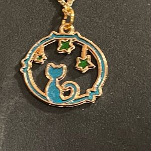 Gold Cat Pendant with Stars Necklace